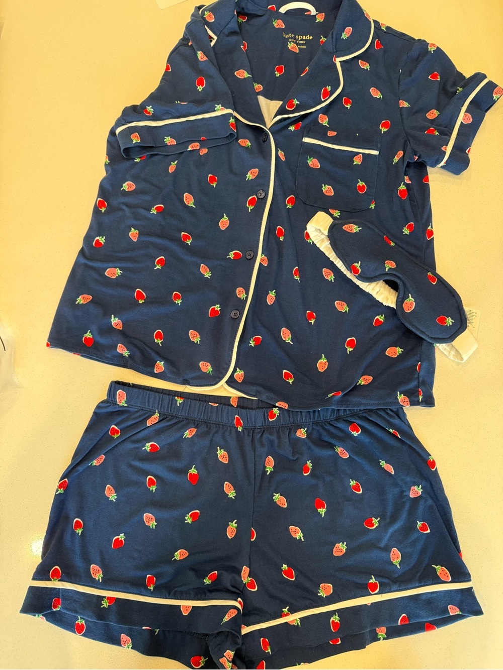 Kate Spade Strawberry Pajama Set + Sleep Mask Navy